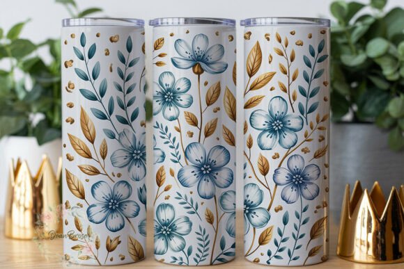 Blue Gold Watercolor Floral 20oz Tumbler