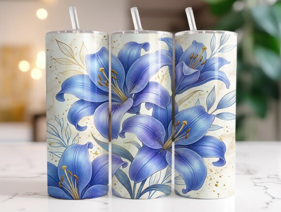 Blue Lily Floral 20oz Tumbler Wrap PNG